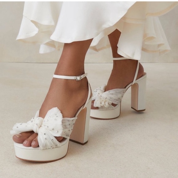 Loeffler Randall Natalia rhinestone pearl white platform bow heels - Picture 1 of 16